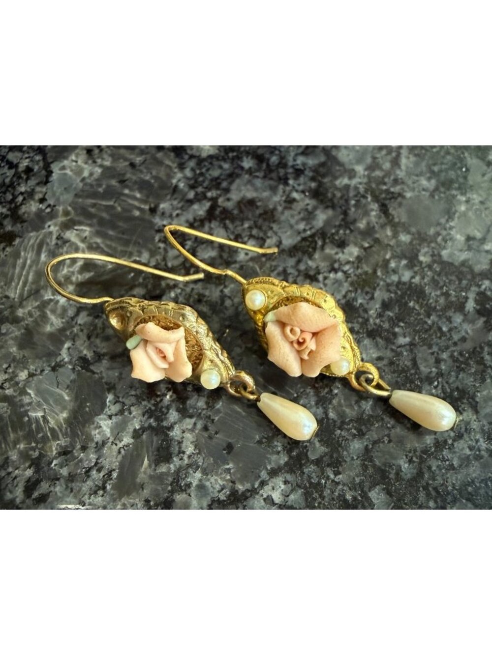 Vintage Gold Drop Earrings With Pink Rose & Faux Pearl Accents